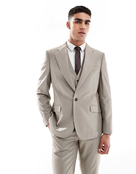 Asos ASOS DESIGN Wedding Wool Mix Slim Suit In Brown Herringbone