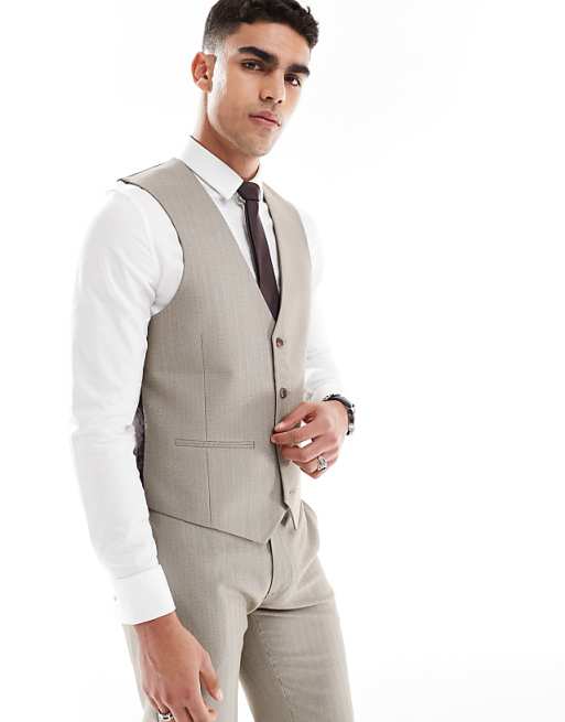 Asos ASOS DESIGN Wedding Wool Mix Slim Suit In Brown Herringbone