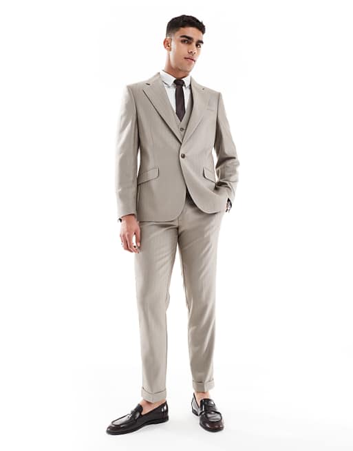 asos ASOS DESIGN wedding wool mix slim suit in brown herringbone