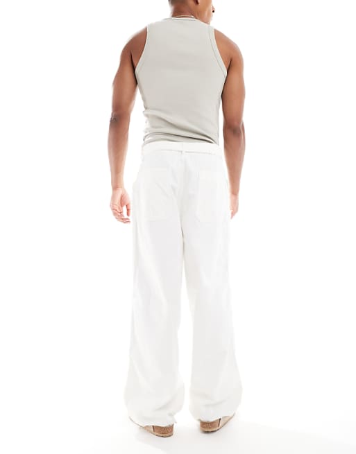 Asos ASOS DESIGN Wide Leg Belted Trousers With Front Pleats In Ecru Canvas