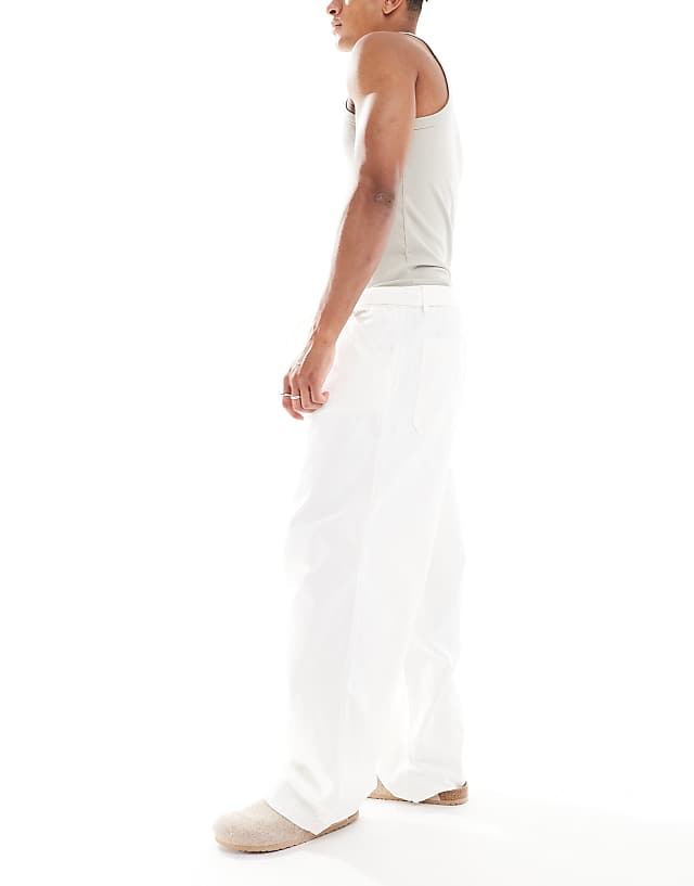 Asos ASOS DESIGN Wide Leg Belted Trousers With Front Pleats In Ecru Canvas