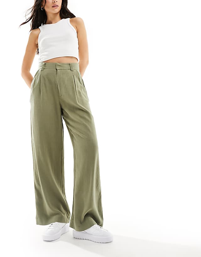 asos ASOS DESIGN wide leg dad trousers with linen in olive