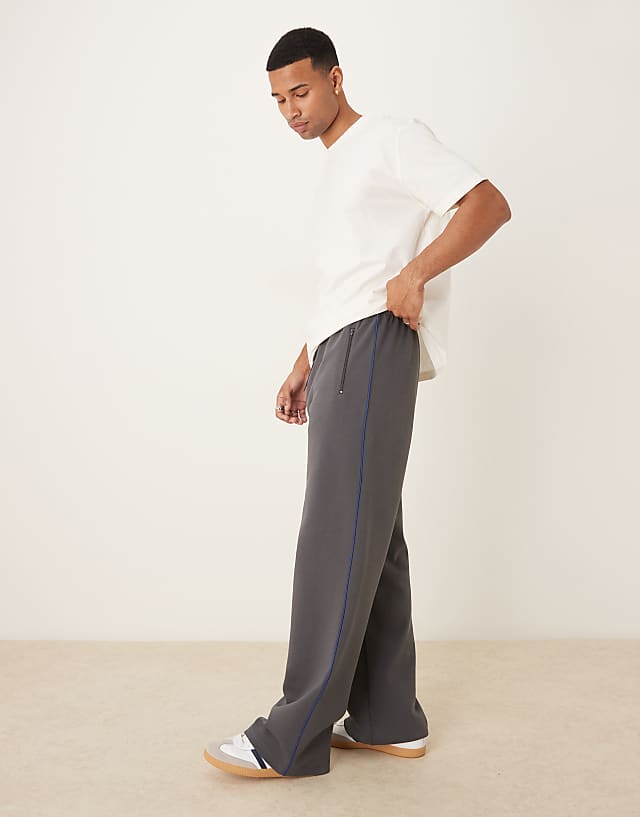 asos ASOS DESIGN wide leg jogger with side taping in charcoal