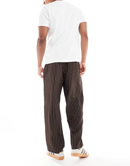 Asos ASOS DESIGN Wide Leg Pinstripe Trouserrs With Pleat In Brown