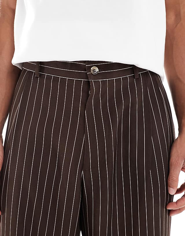 Asos ASOS DESIGN Wide Leg Pinstripe Trouserrs With Pleat In Brown