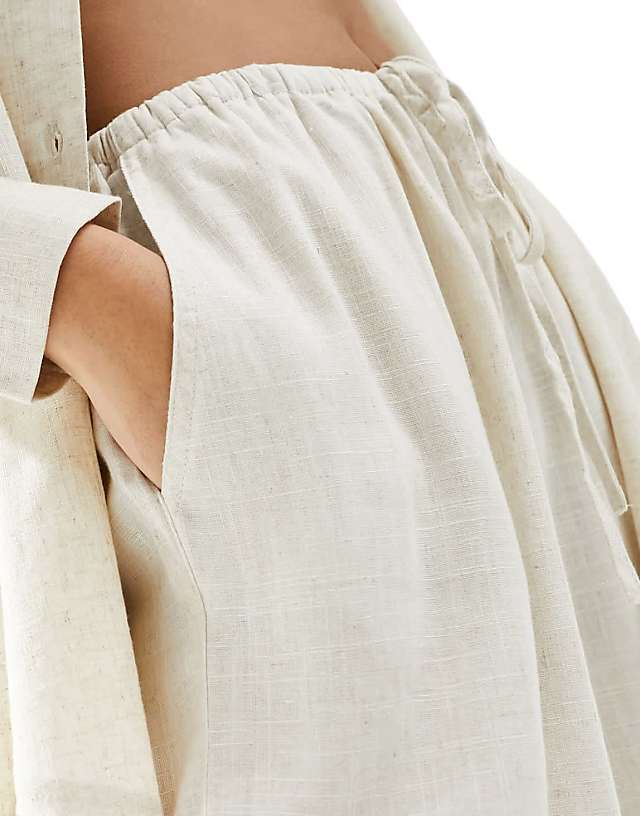 Asos ASOS DESIGN Wide Leg Pull On Trouser With Linen In Natural