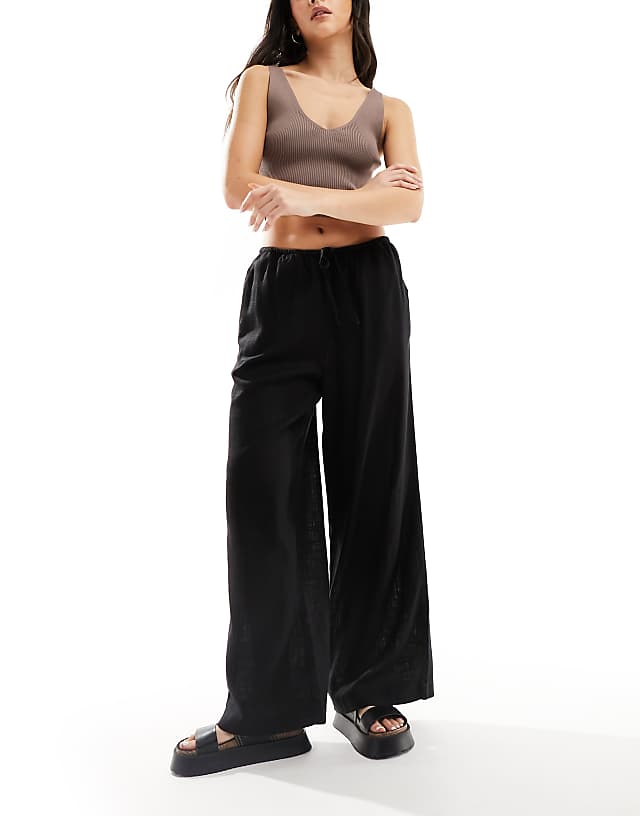 Asos ASOS DESIGN Wide Leg Pull On Trouser With Linen In Black