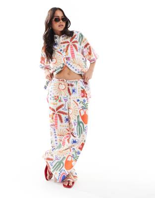 Asos ASOS DESIGN Wide Leg Pull On Trousers & Oversized Short Sleeve Linen Shirt Co-ord In Cactus Print