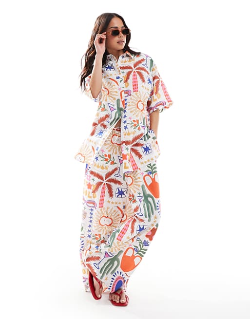 asos ASOS DESIGN wide leg pull on trousers & oversized short sleeve linen shirt co-ord in cactus print