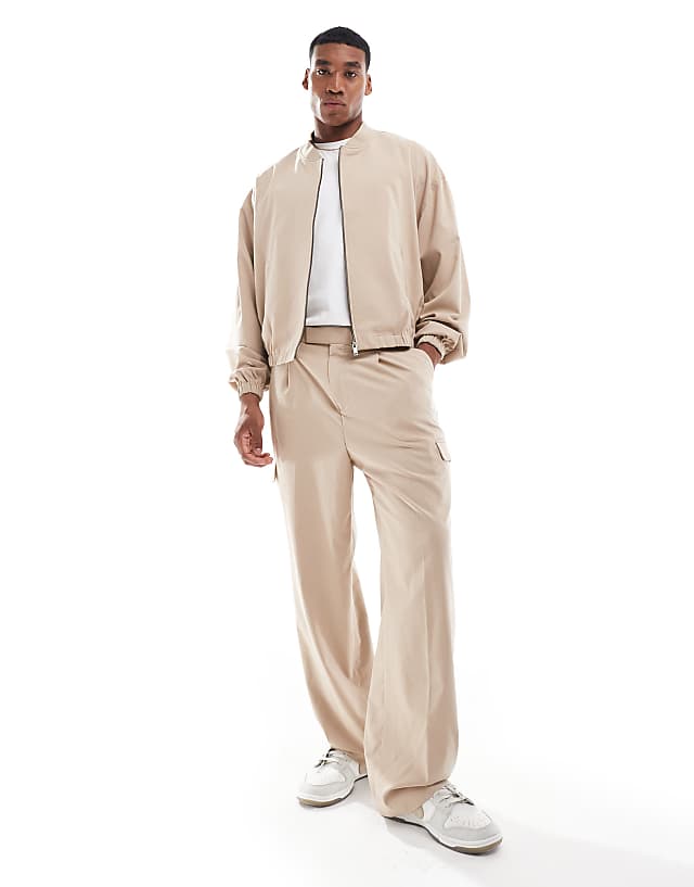 asos ASOS DESIGN wide leg smart co-rd cargo trouser in beige
