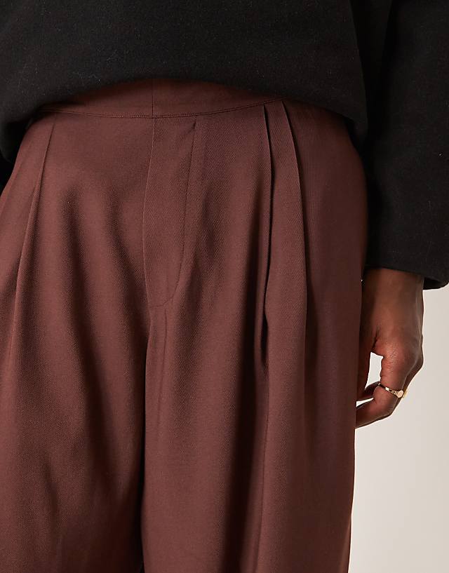 Asos ASOS DESIGN Wide Leg Smart Trousers With Elasticated Back And Double Pleat In Brown