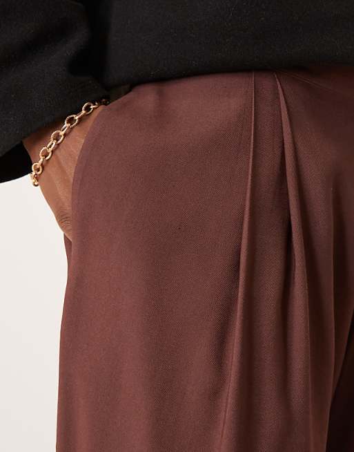 Asos ASOS DESIGN Wide Leg Smart Trousers With Elasticated Back And Double Pleat In Brown