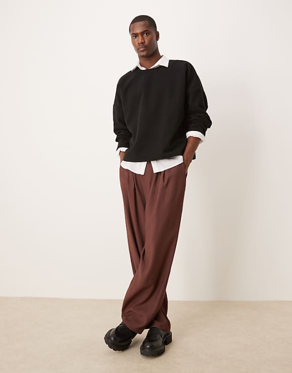 asos ASOS DESIGN wide leg smart trousers with elasticated back and double pleat in brown