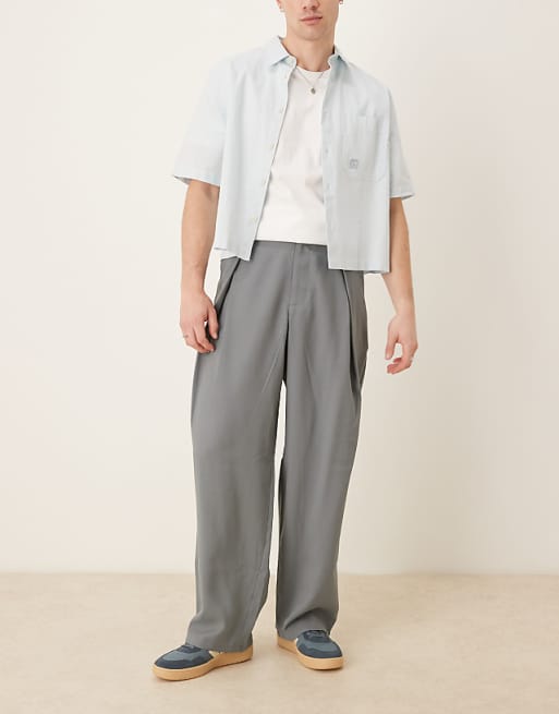 asos ASOS DESIGN wide leg smart trousers with pleat detail in grey