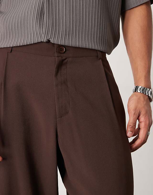 Asos ASOS DESIGN Wide Leg Smart Trousers With Pleats In Brown