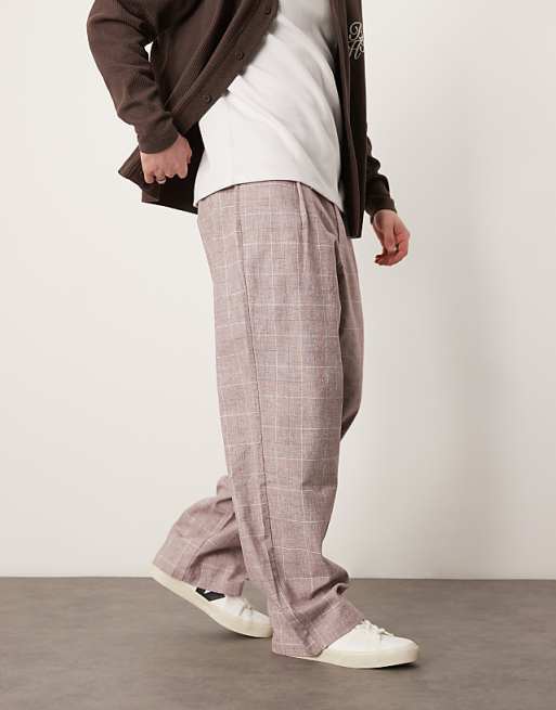 Asos ASOS DESIGN Wide Leg Smart Trousers With Textured Check In Faded Burgundy