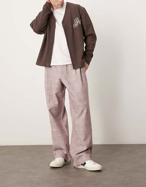 asos ASOS DESIGN wide leg smart trousers with textured check in faded burgundy