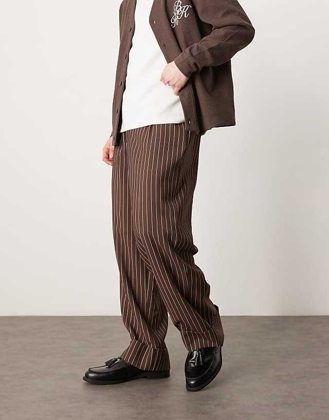 Asos ASOS DESIGN Wide Leg Smart Trousers With Turn Up Hem In Brown Stripe