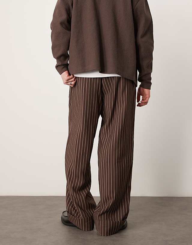 Asos ASOS DESIGN Wide Leg Smart Trousers With Turn Up Hem In Brown Stripe