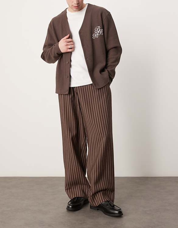 asos ASOS DESIGN wide leg smart trousers with turn up hem in brown stripe