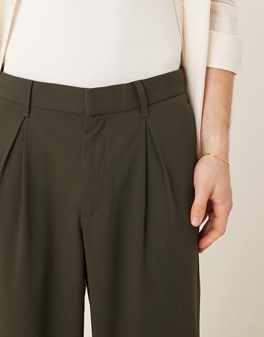 Asos ASOS DESIGN Wide Leg Trousers With Deep Pleat In Khaki