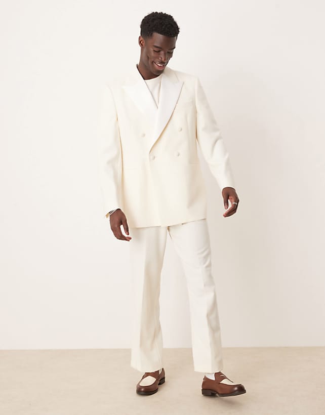 asos ASOS DESIGN wide leg tuxedo suit trousers in cream texture