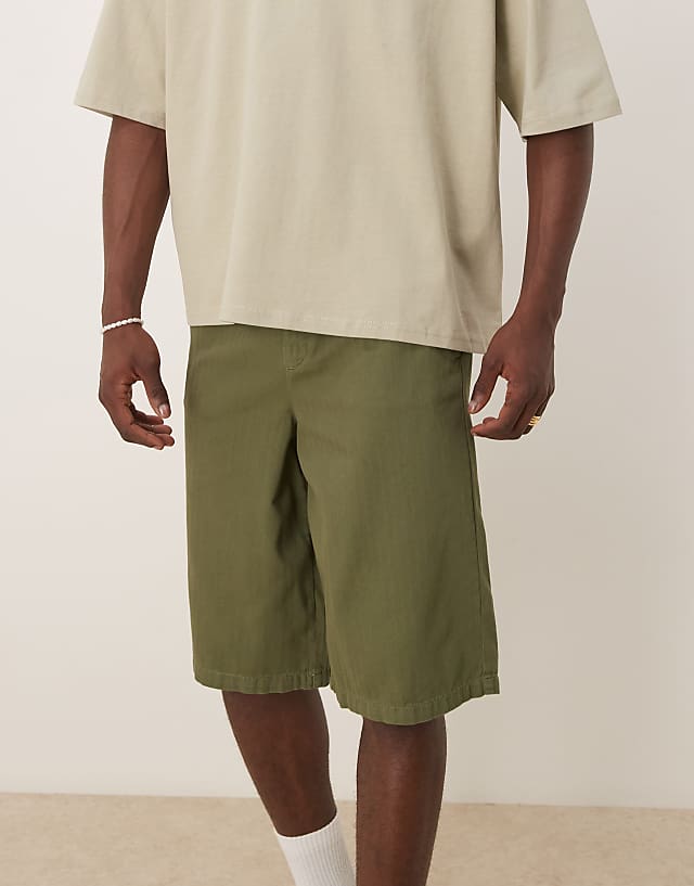 Asos ASOS DESIGN Wide Longline Herringbone Shorts In Green