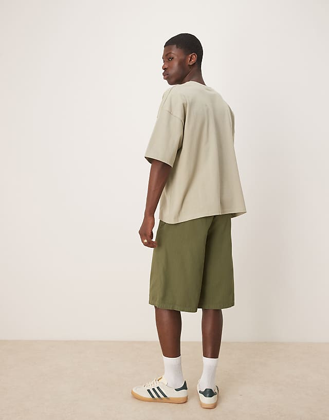 Asos ASOS DESIGN Wide Longline Herringbone Shorts In Green