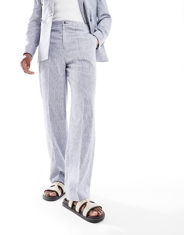 Asos ASOS DESIGN Wide Suit Trouser In Blue Linen Stripe