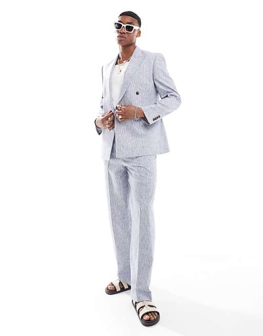asos ASOS DESIGN wide suit trouser in blue linen stripe