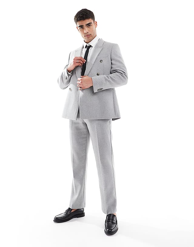 asos ASOS DESIGN wool blend double breasted regular suit in grey basketweave