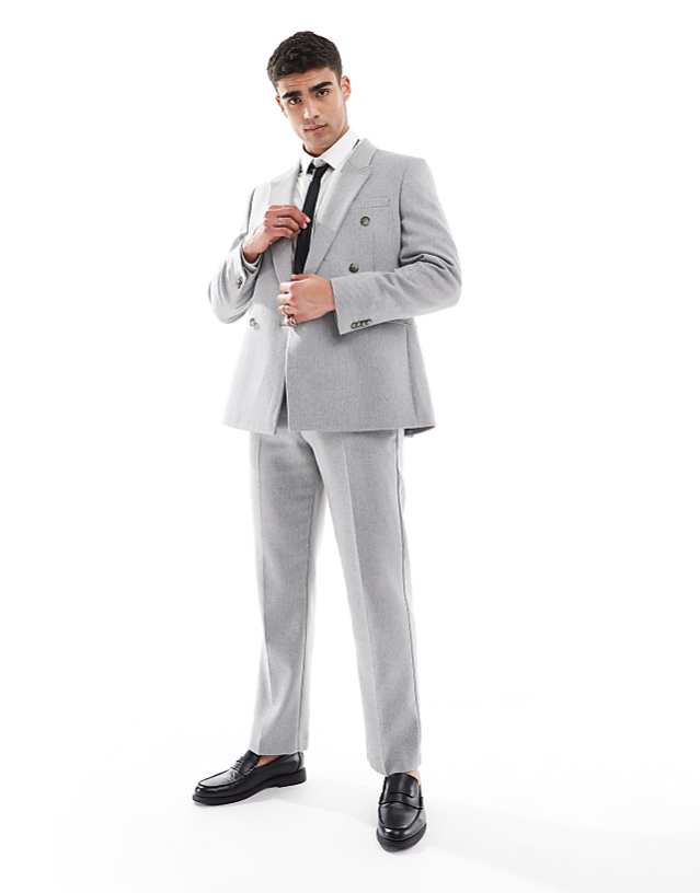 asos ASOS DESIGN wool blend double breasted regular suit in grey basketweave