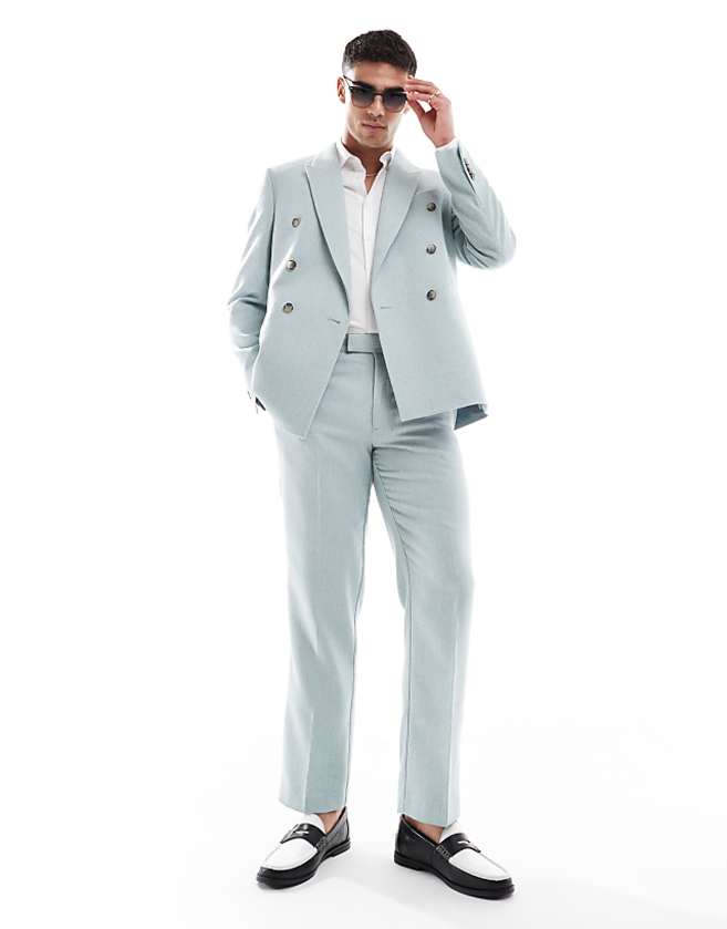 asos ASOS DESIGN wool blend double breasted regular suit in light blue basketweave