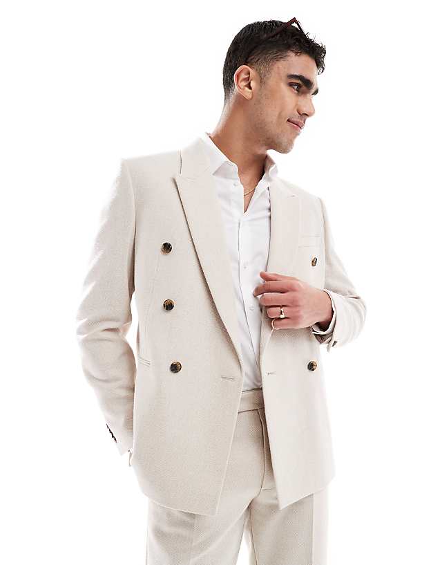 asos ASOS DESIGN wool blend double breasted regular suit in stone basketweave