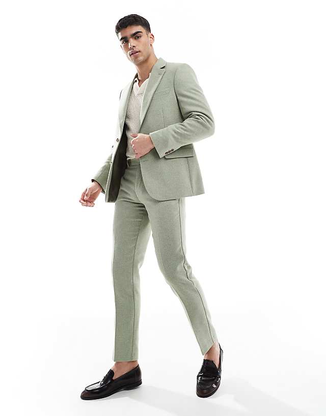 asos ASOS DESIGN wool blend slim suit trousers in green weave