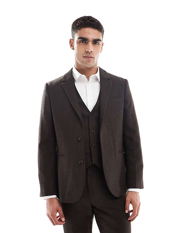 Asos ASOS DESIGN Wool Rich Slim Suit In Brown Herringbone