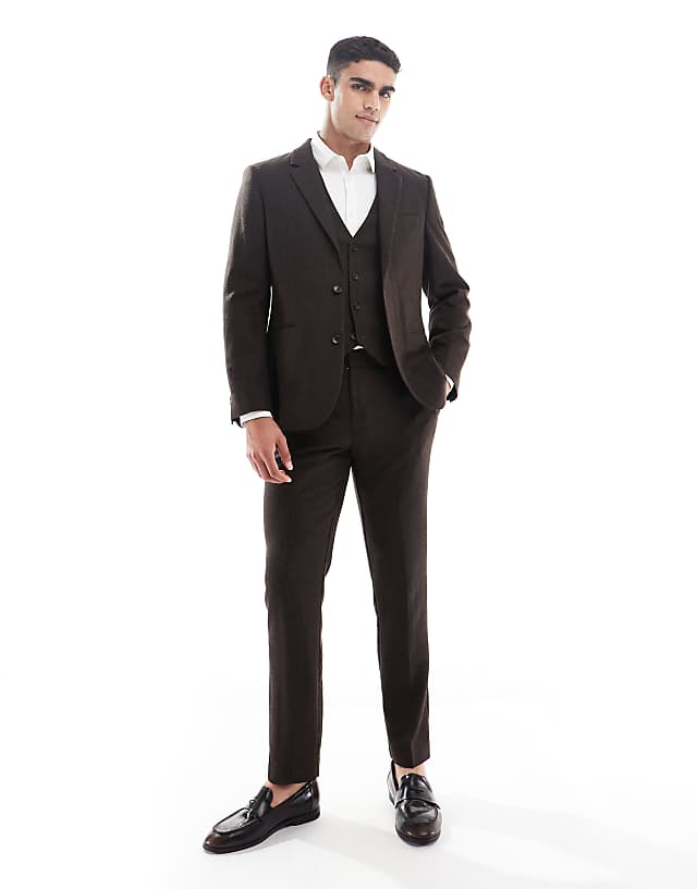 asos ASOS DESIGN wool rich slim suit in brown herringbone