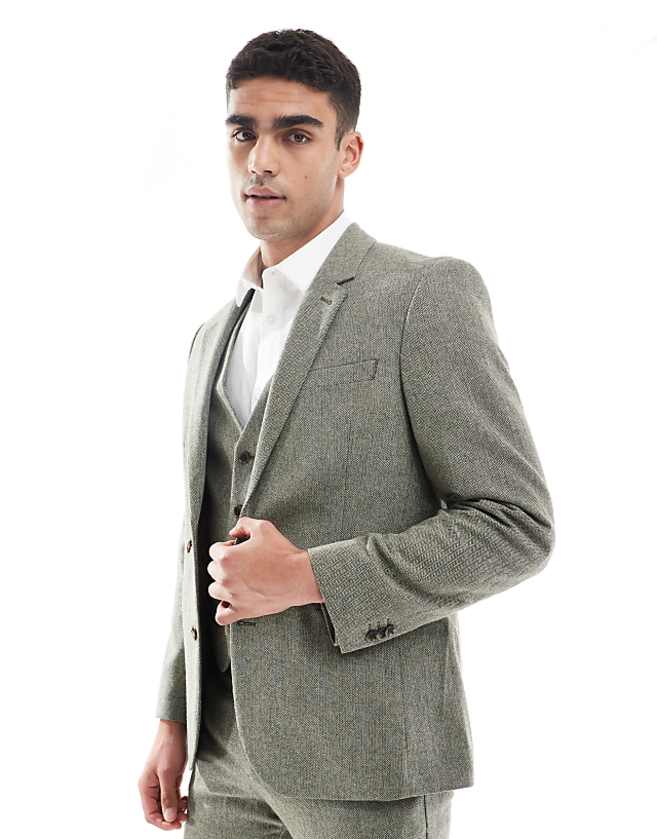 Asos ASOS DESIGN Wool Rich Slim Suit In Green Herringbone