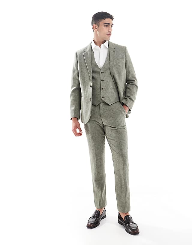 Asos ASOS DESIGN Wool Rich Slim Suit In Green Herringbone