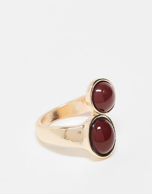 asos ASOS DESIGN wrap around ring with burgundy faux stones in gold tone
