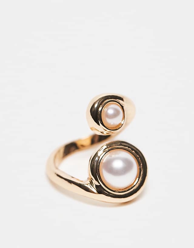 asos ASOS DESIGN wraparound ring with faux pearl detail in gold tone