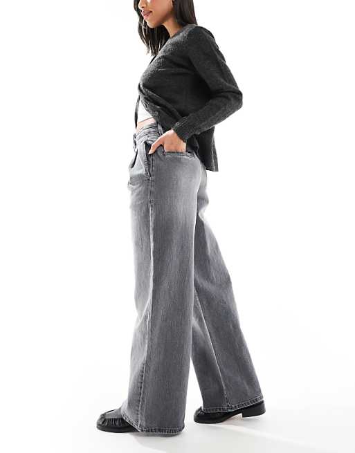 Asos DTT Jordan Pleated Wide Leg Jeans In Mid Grey