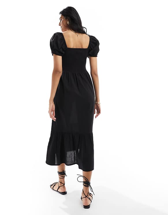 Asos Esmee Puff Sleeve Midi Beach Dress In Black