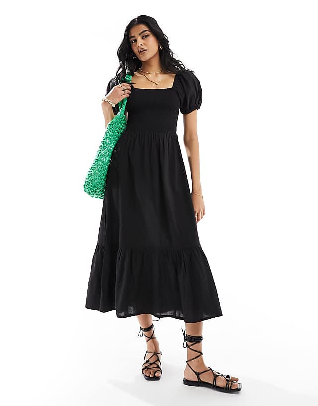 Asos Esmee Puff Sleeve Midi Beach Dress In Black