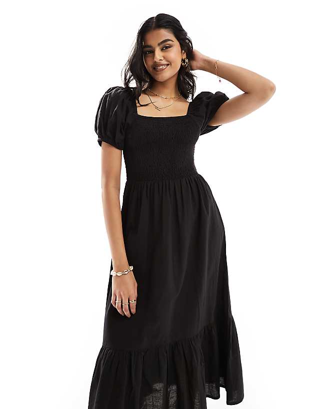 asos Esmee puff sleeve midi beach dress in black