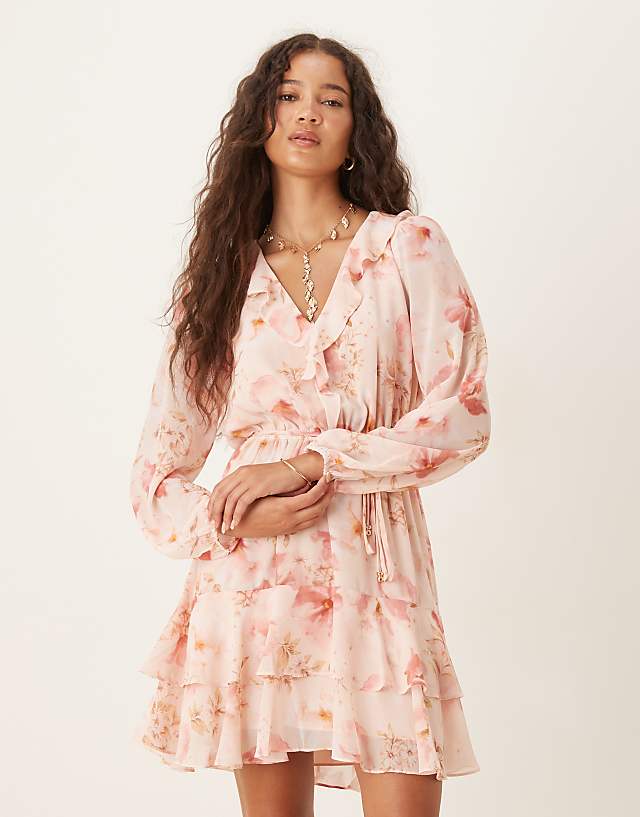 Asos Forever New Ruffle Mini Dress In Pink Floral