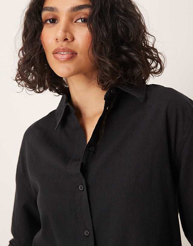 Asos Gina Tricot Long Sleeve Linen Shirt In Black