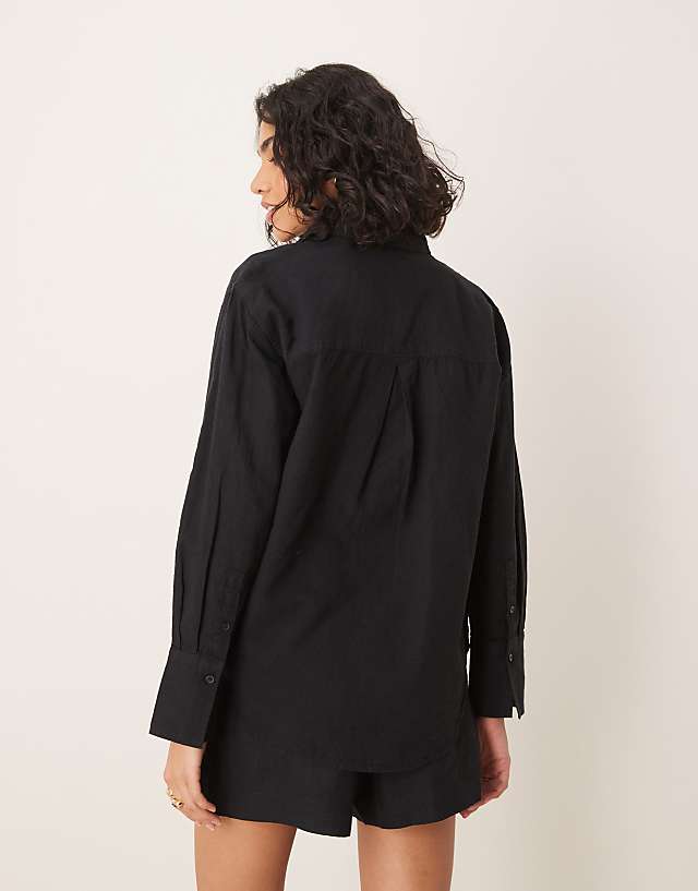 Asos Gina Tricot Long Sleeve Linen Shirt In Black