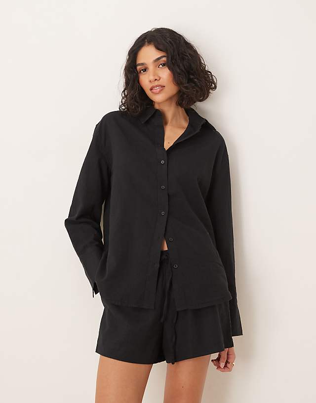 asos Gina Tricot long sleeve linen shirt in black