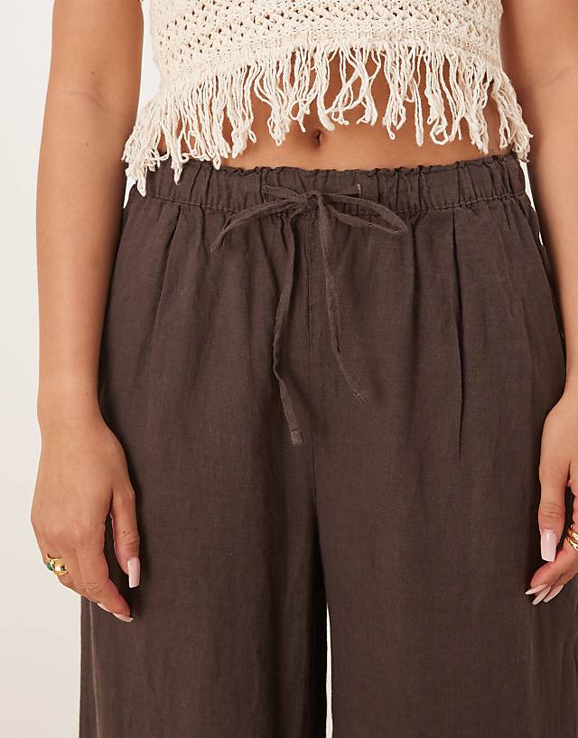 Asos Gina Tricot Wide Leg Linen Trousers In Brown